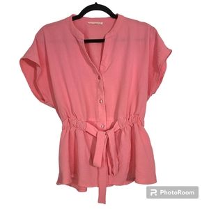 Timing Tie Waist V Neck Button Down Bubblegum Pink Blouse Size Small